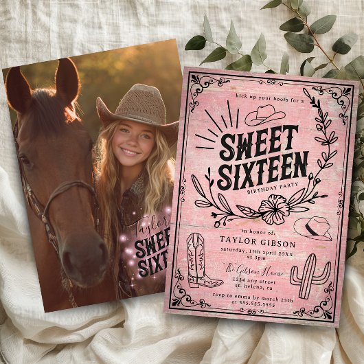 Rustic Pink Western Floral Sweet Sixteen Photo 招待状