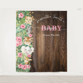 Rustic Pink Wild Safari Animal Welcome Baby Shower タペストリー