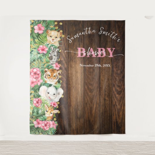 Rustic Pink Wild Safari Animal Welcome Baby Shower タペストリー (正面)