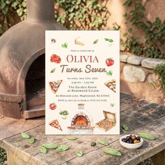 Rustic Pizza Oven 7th Birthday Party Invitation 招待状