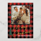 Rustic Plaid Christmas Tree Forest Photo Real 箔シーズンカード (正面)