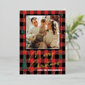 Rustic Plaid Christmas Tree Forest Photo Real 箔シーズンカード (立ち正面)