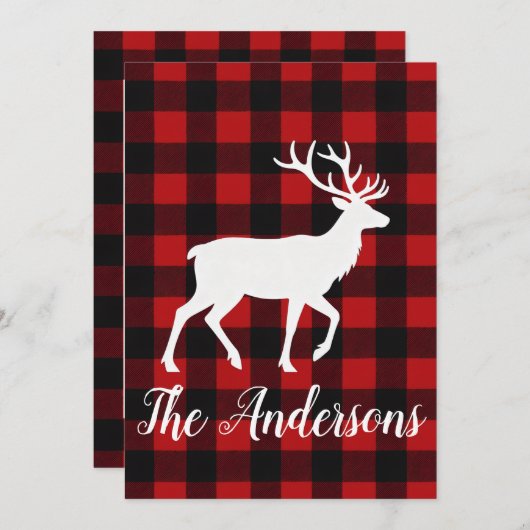 Rustic Plaid Deer Personalized Holiday Card シーズンカード (正面/裏面)