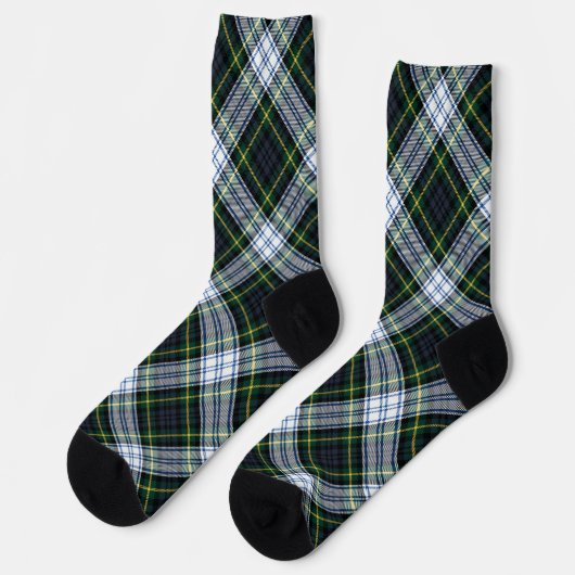 Rustic Plaid Gordon Tartan Green White Pattern ソックス (左)
