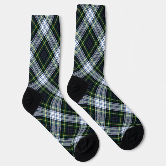 Rustic Plaid Gordon Tartan Green White Pattern ソックス (右)