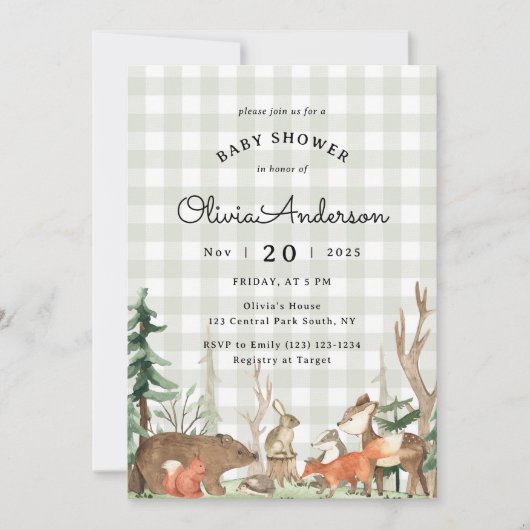 Rustic Plaid Winter Woodland Baby Shower 招待状 (正面)
