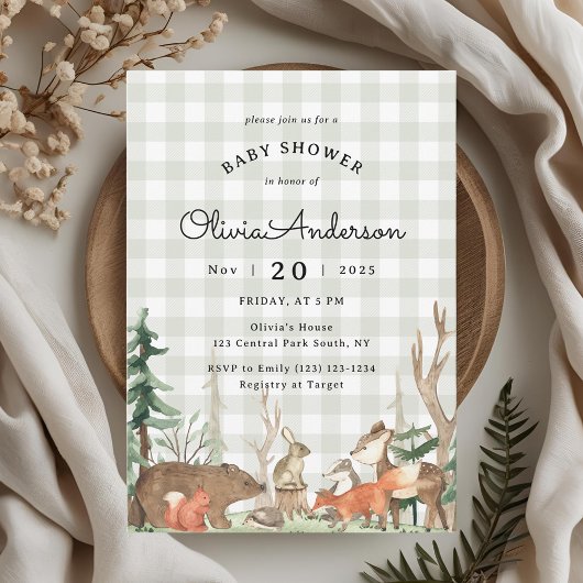 Rustic Plaid Winter Woodland Baby Shower 招待状