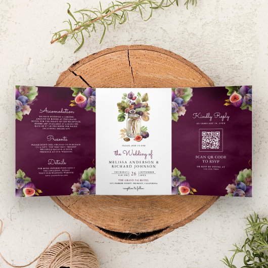 Rustic Plum Purple Fig All in One QR Code ウェディング 三つ折り招待状