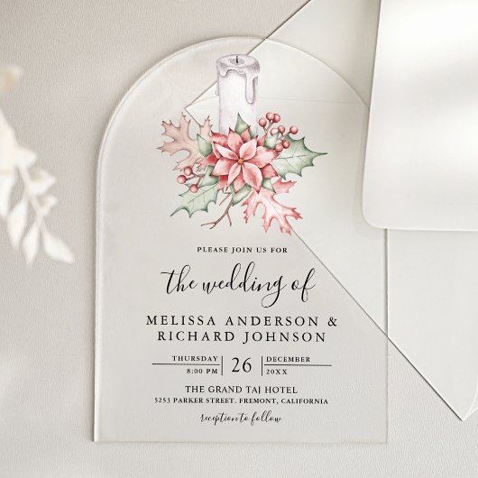 Rustic Poinsettia Christmas Candle Wedding アクリル招待状