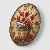 Rustic Poppy Flower Vintage Floral Farmhouse ラージ壁時計 (傾斜)