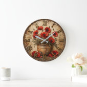 Rustic Poppy Flower Vintage Floral Farmhouse ラージ壁時計 (ホーム)