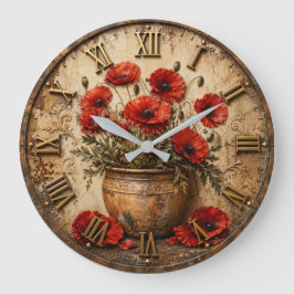 Rustic Poppy Flower Vintage Floral Farmhouse ラージ壁時計