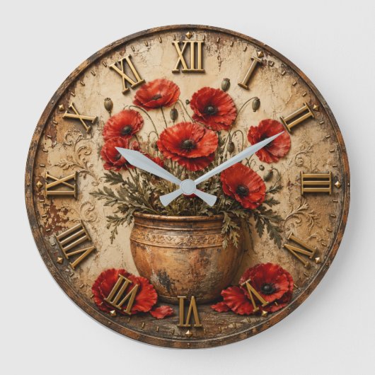 Rustic Poppy Flower Vintage Floral Farmhouse ラージ壁時計 (正面)