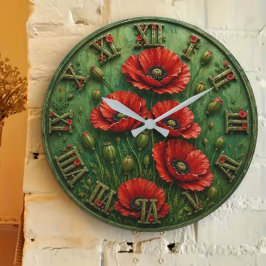 Rustic Poppy Vintage Botanical Garden Decor ラージ壁時計