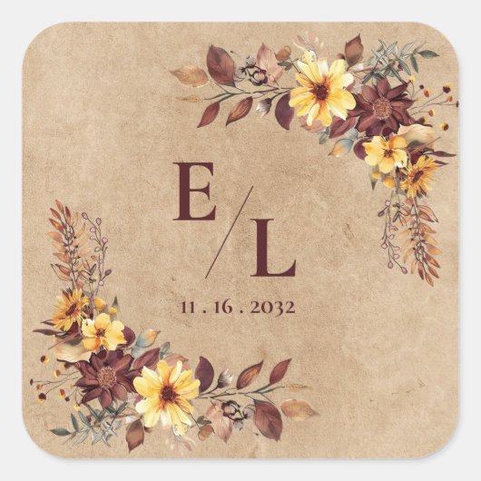 Rustic Pretty Autumn Fall Floral Monogram Wedding スクエアシール (正面)