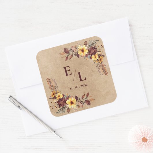 Rustic Pretty Autumn Fall Floral Monogram Wedding スクエアシール (封筒)