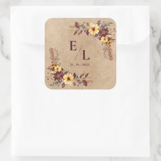 Rustic Pretty Autumn Fall Floral Monogram Wedding スクエアシール (バッグ)