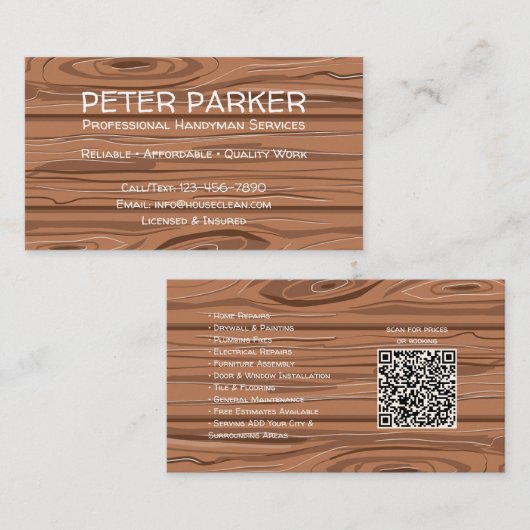 Rustic Professional Contractor Card with QR Code 名刺 (正面/裏面)