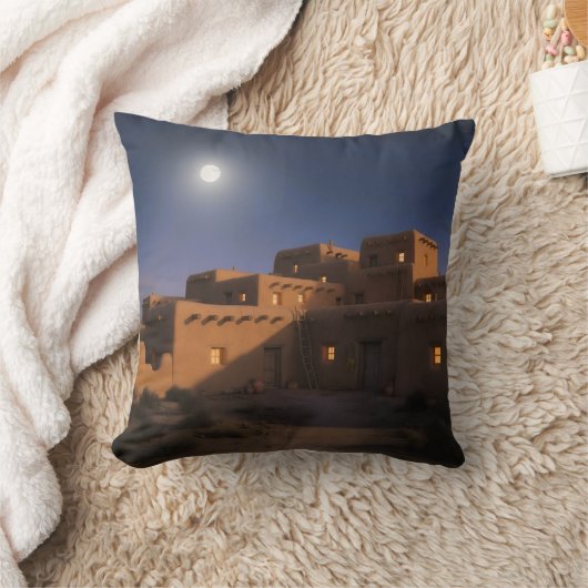 Rustic Pueblo Adobe Home Under Moonlit Sky クッション (ブランケット)