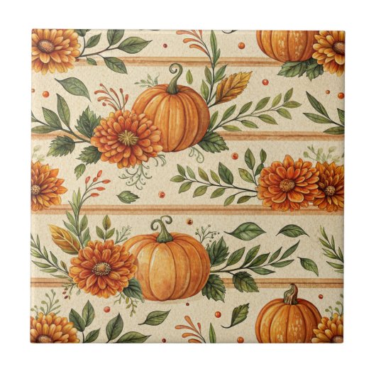 Rustic Pumpkin and Chrysanthemum Autumn Pattern タイル (正面)