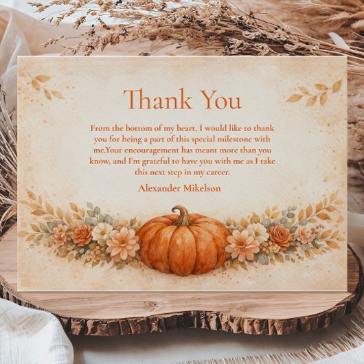 Rustic Pumpkin Floral Fall Graduation サンキューカード
