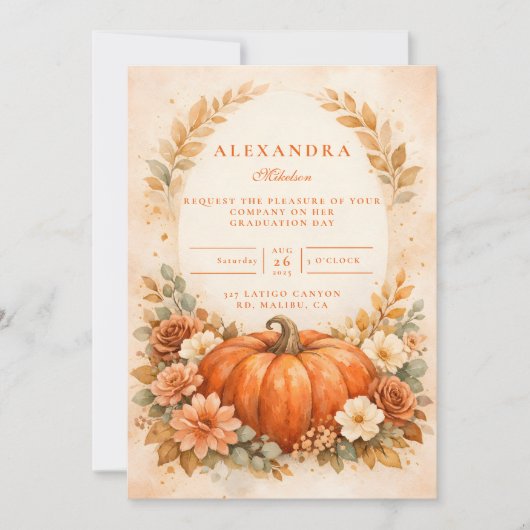Rustic Pumpkin Floral Fall Graduation 招待状 (正面)