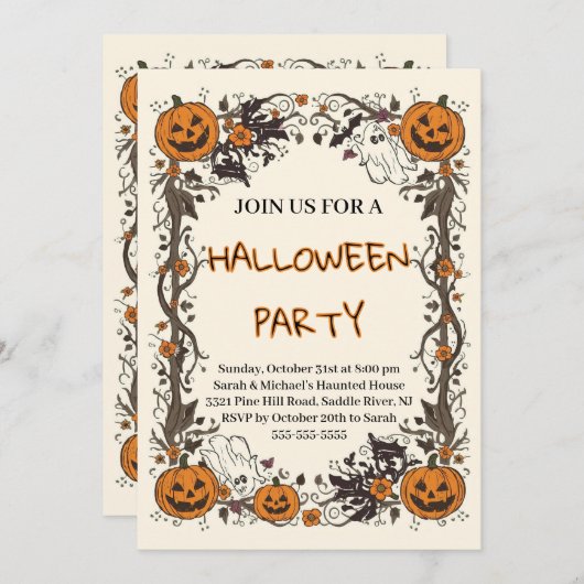 Rustic Pumpkin & Ghost Spooky Fall Halloween Party 招待状 (正面/裏面)