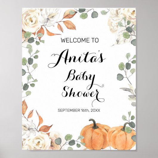Rustic pumpkin Watercolor Baby Shower Welcome Sign ポスター (正面)