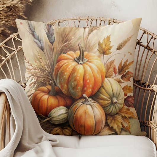 Rustic Pumpkins & Leaves Boho Fall Throw Pillow クッション