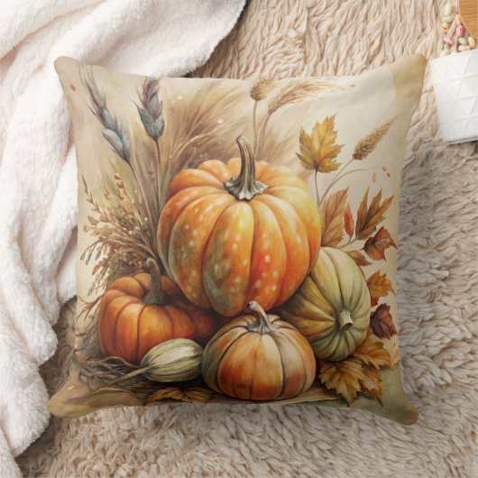 Rustic Pumpkins & Leaves Boho Fall Throw Pillow クッション (ブランケット)