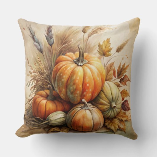 Rustic Pumpkins & Leaves Boho Fall Throw Pillow クッション (正面)