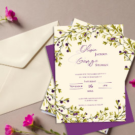 Rustic Purple Berry Leaves Romantic Wedding 招待状