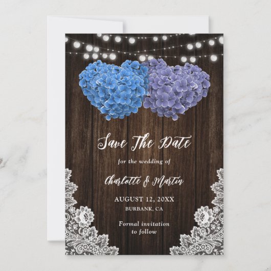 Rustic Purple Blue Floral Hearts Lace Wood Wedding セーブザデート (正面)