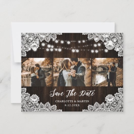 Rustic Purple Blue Floral Lace 3 Photo Wedding セーブザデート (正面)