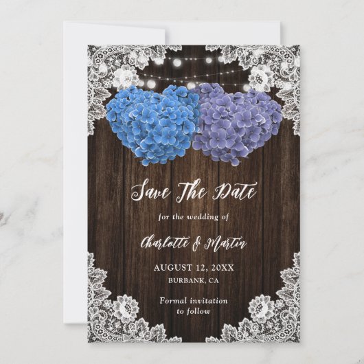 Rustic Purple Blue Hydrangea Rustic Wood Wedding セーブザデート (正面)