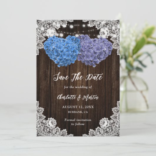 Rustic Purple Blue Hydrangea Rustic Wood Wedding セーブザデート (スタンド正面)