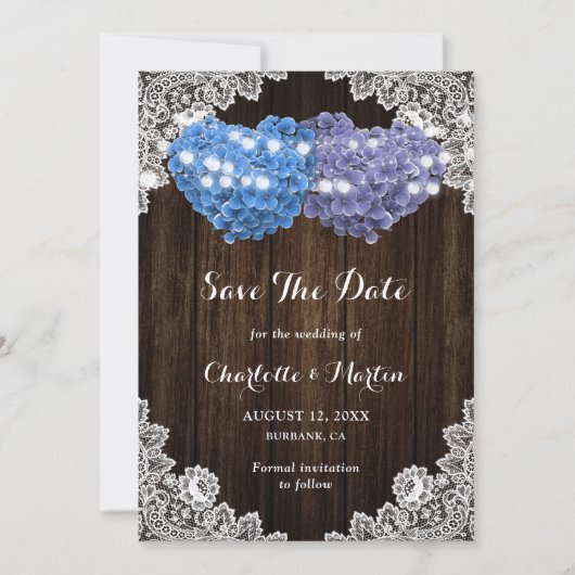 Rustic Purple Blue Hydrangea Rustic Wood Wedding セーブザデート (正面)