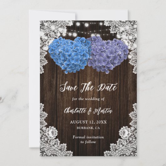 Rustic Purple Blue Wood Lights Lace Floral Wedding セーブザデート (正面)