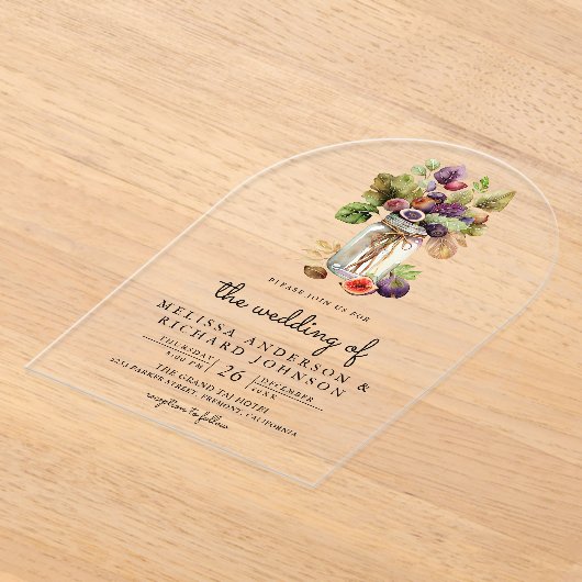 Rustic Purple Fig Mason Jar Wedding アクリル招待状 (レイダウン)