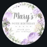 Rustic Purple Floral 90th Birthday Thank You ラウンドシール<br><div class="desc">柔らかい紫色のバラと明るい紫色の芽は、美しく素朴なフローラリースを作成する。白いアジサイのフローラ開花。誕生日の女性の名前は大きな書スクリプトフォントに入っている。90誕生日と感謝していお前気持ち後を追。この誕生日ステッカーは90誕生日・ヴァイオレットのコレクションの一部である。多くのDIYテンプレートが含まれており、招待状とパーティー供給をすばやく作成できる。このページにコレクションへのリンクが表示されるはずです。リンクもしが表示されない救済か商品が必要なか、お願い。</div>