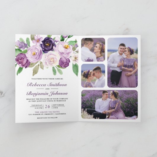 Rustic Purple Floral All in One QR Code Wedding 招待状 (内部)