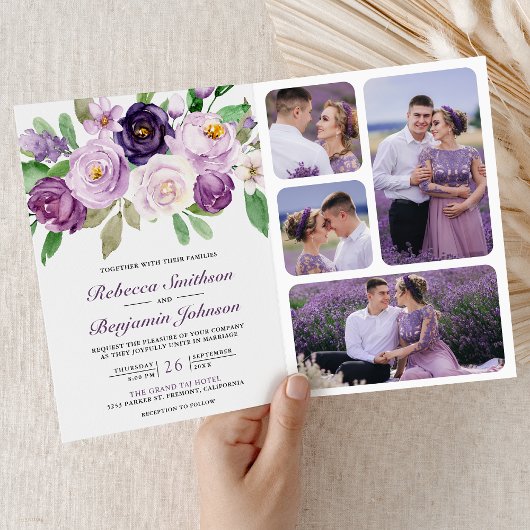 Rustic Purple Floral All in One QR Code Wedding 招待状