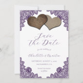 Rustic Purple Floral Lace Burlap Hearts Wedding セーブザデート (正面)