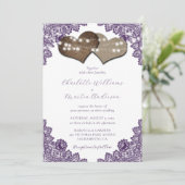 Rustic Purple Floral Lace Burlap Hearts Wedding 招待状 (スタンド正面)