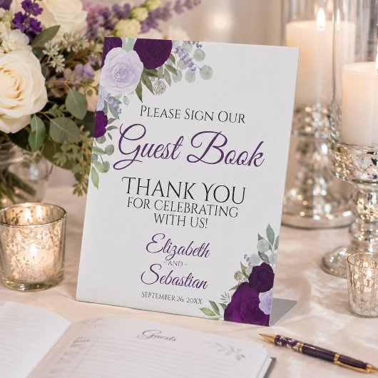Rustic Purple Floral Please Sign Our Guest Book 台座サイン