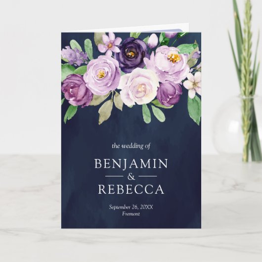 Rustic Purple Floral QR Code Navy Blue Wedding 招待状 (正面)