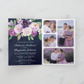 Rustic Purple Floral QR Code Navy Blue Wedding 招待状 (内部)