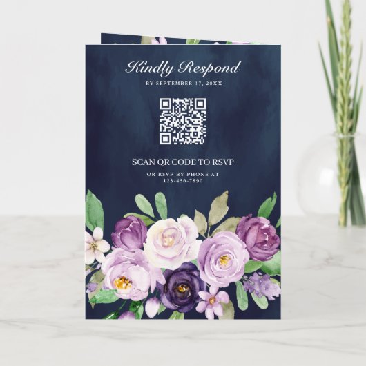 Rustic Purple Floral QR Code Navy Blue Wedding 招待状 (裏面)