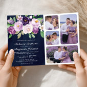 Rustic Purple Floral QR Code Navy Blue Wedding 招待状