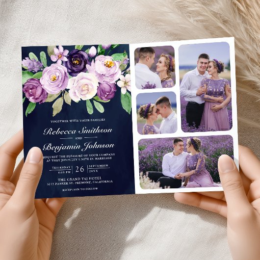 Rustic Purple Floral QR Code Navy Blue Wedding 招待状